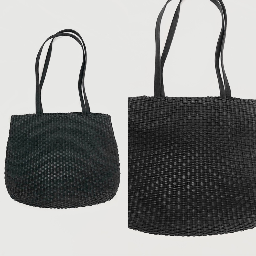 vintage 90s y2k style black woven double straps shoulder bag tote bag handbag - Picture 2 of 4